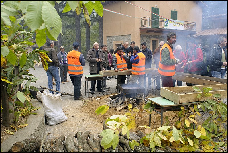 Volontari e visitatori attorno al fuoco durante la Sagra di Savelli del 2010