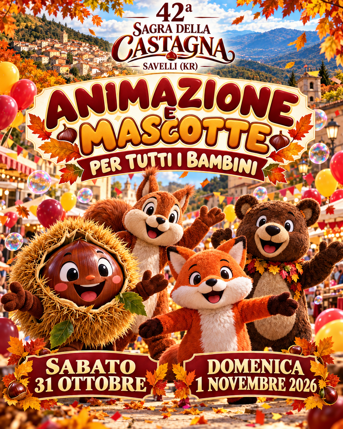 Animazione e mascotte per tutti i bambini, sabato 31 ottobre e domenica 1 novembre 2026 alla Sagra della Castagna di Savelli