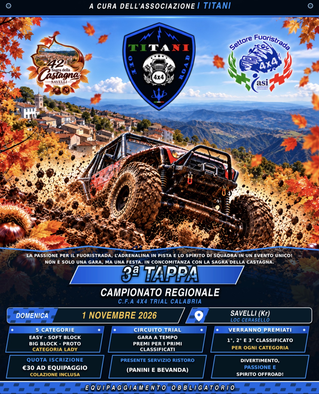 Terza tappa del Campionato regionale CFA 4x4 Trial Calabria, domenica 1 novembre 2026 a Savelli